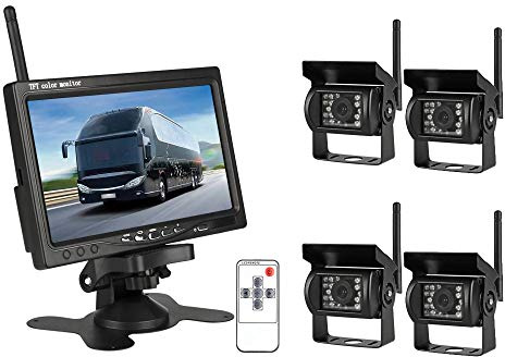 EVERSECU 4pcs Wireless Vehicle Backup Cameras Plus 7 Monitor Parking Assistance System for RV/SUV/Van/Pickup/Truck/Trailer Rear/Side/Front View System Switchable