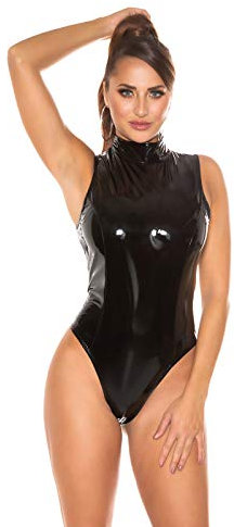 Koucla Body Highcollar Wetlook Lederlook Lack Optik Body (Schwarz, XL)