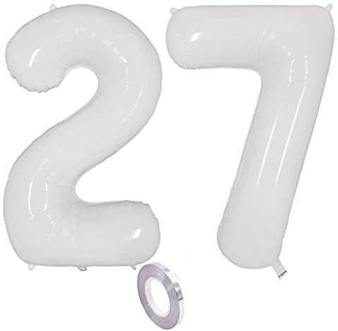 Weiß Luftballons Zahl 27. Geburtstag deko frau mann,Zahlen Ballon 27 Geburtstag deko, 40 Zoll Heliumballon 27 jahre Geburtstagsdeko frauen männer Aufblasbar Helium Folienballon 27 Weiß（27）