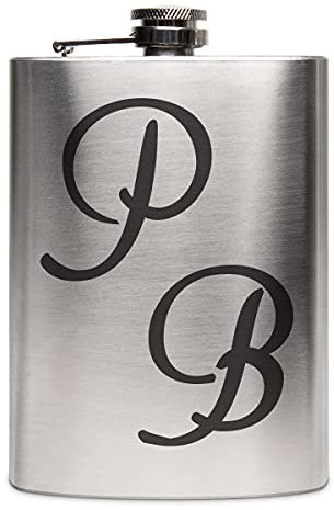 Edelstahl Flachmann 237 ml silber inkl. individuelle Gravur in Schwarz von Paule Black - personalisiertes Geschenk für Geburtstag, Weihnachten, Vatertag, Trauzeugen - Initialen Groß