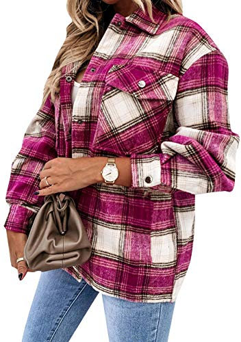 Yming Frauen Kariertes Bluse Langarm Flanell Holzfällerjacke Mode Knöpfen Freizeithemd D-Rose 3XL