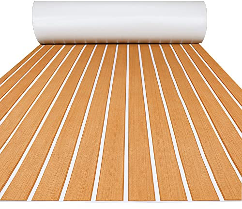 FOCEAN Boat Flooring EVA Foam Boat Decking, Faux Teak Marine Mat Boat Carpet Sea Deck Marine Flooring for Motorboat RV Yacht Kayak Surfboard, 94.5''x 23.6'', Brown+White Lines