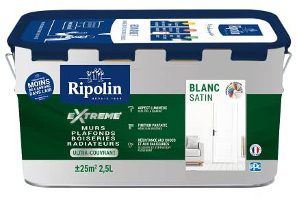 RIPOLIN - Peinture Monocouche pour Murs, Boiseries & Radiateurs - Intérieur - Finition Parfaite - Aspect Lumineux - Haute Résistance aux Chocs & Salissures - Lessivable - Satin - 2,5L - Blanc