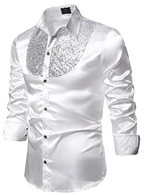 YILEEGOO Men's Shiny Satin Sequins Button Up Dress Shirts Long Sleeve Slim Fit Disco Party Prom Wedding Shirts Costume (White, L)