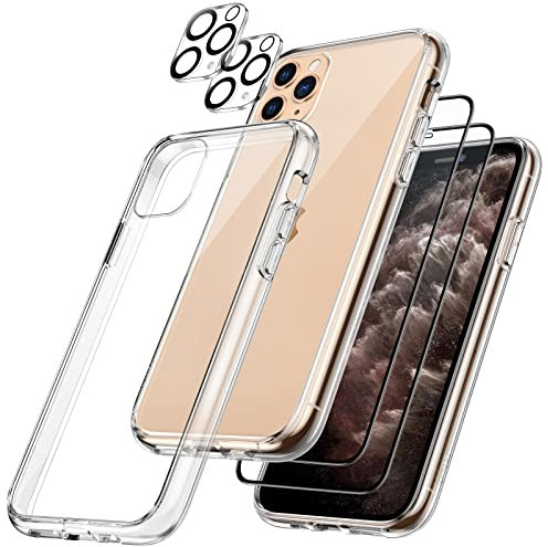 JETech 5 in 1 Case for iPhone 11 Pro Max 6.5-Inch, with 2-Pack Screen Protector and Camera Lens Protector, Non-Yellowing, Full Coverage Tempered Glass Film, Shockproof Bumper Phone Cover (Clear)