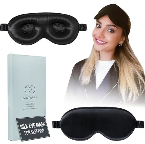 MATASSE Augenmaske aus Seide zum Schlafen mit verstellbarem Gummiband – 3D konturierte Augenabdeckung Schlafmaske mit echter Maulbeerseide inklusive Gurt für Damen und Herren (Schwarz)