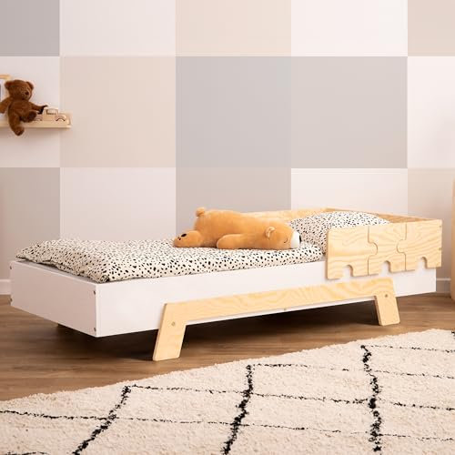 SMARTWOOD Kinderbett mit Lattenrost und Rausfallschutz Puzzle BR1 Montessori einzelbett für Jungen und Mädchen - Bett aus Kiefer Sperrholz mit Rausfallschutz und Lattenrost - Weiß - 90x200 cm