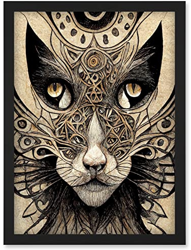 Abstract Cat Face Close Up With Tribal Patterns Textured Mask Artwork Framed Wall Art Print A4