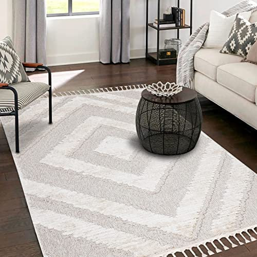 payé Teppich Wohnzimmer - 80x150cm - Creme - Raute - Hochtief Effekt - Fransen Deko Boho Flauschig - Cut & Loop Sisal - Schlafzimmer Flur Dekoration Läufer