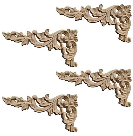 4 Stück Holz Geschnitzt Corner, Ornament, Dekorative Lange Onlay Applique, Ecke Onlay, Möbel Appliques für Zuhause Schlafzimmer Wohnzimmer, 16*8*0.8 cm