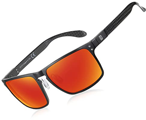 DUCO Herren Polarisierte Sonnenbrille mit Rechteckig Metallrahmen und Kohlefaser Brille Beine UV400 DC8208 (Schwarz Rahmen Revo Rot)