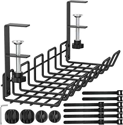 Mokani Cable Management Under Desk Tray No-Drill Desk Cable Organiser Wire Clamp for Cables and Power Strips Storage Management Metal Cable Tidy Basket for Office Home Standing Desk