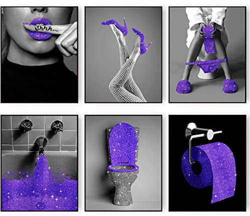 Fashion Wall Art Badezimmer Dekor Drucke Set von 6 Glam Glitter Tissue Leinwand Poster Bilder Fotos Badezimmer Kunstwerk Wand Schwarz und Weiß Moderne Frauen Lustig Badezimmer (Lila, 27,9 x 35,6 cm,