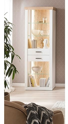 Lomadox Landhaus Vitrine mit offenen Fächern in Pinie weiß mit Eiche Nb. inkl. LED-Beleuchtung, Schrank, Hochschrank, Vitrinenschrank, Wohnzimmer, Esszimmer B/H/T ca. 71/205/40 cm
