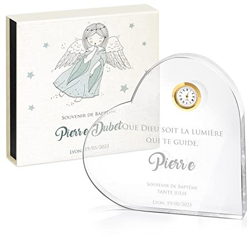 Maverton Cœur en verre personnalisable - Statuette en cristal 3D avec horloge et boîte élégante - à offrir pour baptême - souvenir de communion - pour filleul - filleule - petit ange -