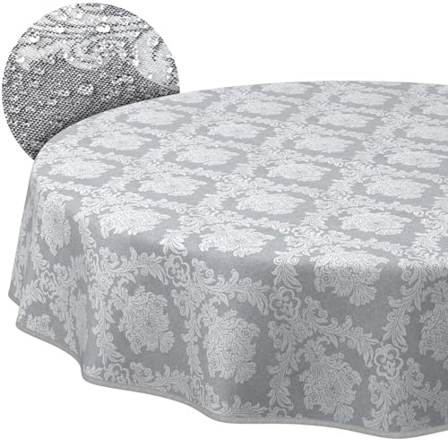ANRO Tischdecke abwaschbar Damast Barock Grau mit Saum rund Ø 120 cm | mit Saum eingefasst – ideal für Garten, Terrasse & Esszimmer – Gartentischdecke wetterfest – waschbar bei 30 °C