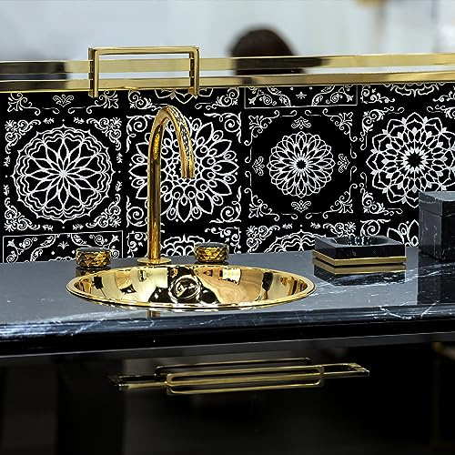 Alwayspon Mandala-Vinyl-Wandfliesen-Aufkleber, wasserfest, selbstklebende Rückseite, Fliesenaufkleber für Küche, Badezimmer, selbstklebend, abziehen und aufkleben, PVC, zum Aufkleben, Schwarz, Silber,