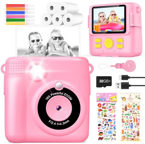 KinderKamera DigitalKamera Print Sofortbildkamera 1080P Videokamera Schwarzweiß Fotokamera (Rosa)