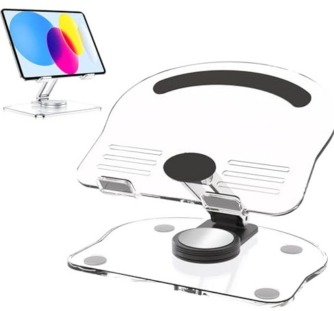 Acrylic Tablet Stand Holder,Adjustable & Foldable Transparent Tablet Holder with Anti-Slip Pads, 360° Rotating Base,for Desk Home Office, Compatible with Ipad Pro Air Mini and More, Clear (Black)