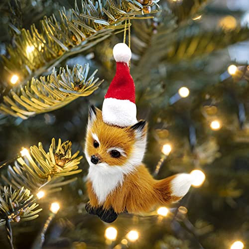 Animal Christmas Tree Decorations - Soft Fur Fox Hanging Ornaments, Woodland Plush Imitation Pendant Creative Decorations