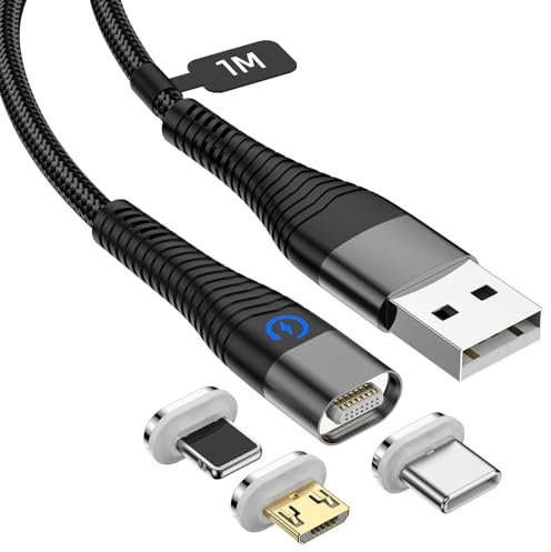 YKZ Magnetisches Ladekabel 1M, 3 in 1 Multi USB Magnet Kabel mit Typ C/Micro USB und i-Produkt Tipps für Smartphone- Schwarz