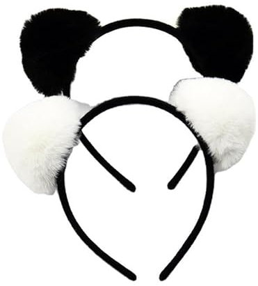 LJJCSFF Haarreif mit flauschigen Panda-Ohren, Haarreif, niedliche Tierohren, Pompom-Stirnband für Mädchen und Damen, Halloween, Cosplay, Kopfbedeckung, Schwarz/Weiß, 2 Stück
