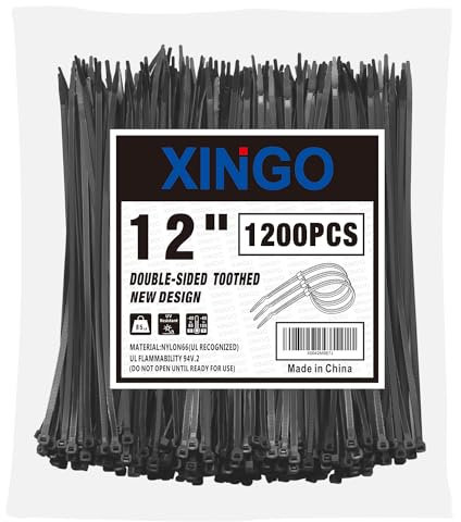 XINGO Black Cable Ties Double Sided Toothed 1200 PCS, 300mm x 4.8mm, 85 LBS Tensile Strength, UV Resistant Cable Ties, Premium Self-Locking Plastic Ties for Indoor and Outdoor Use