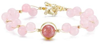 GEHECRST Rosenquarz Perlen Armband Mit 8mm Erdbeerkristalle Kugeln - Heilsteine Naturstein Kristalle Perlenarmband - Healing Reiki Glückbringen (Rosenquarz)