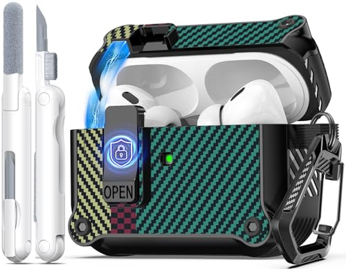 R-fun kompatibel mit AirPods Pro 2 Hülle (Auto Pop-Up-Deckel) mit Reinigungsset, kompatibel mit Airpods Pro 2./1. Gen(2023/2022/2019), für Airpods Pro Hülle (USB-C/Lightning-Kabel),Kohlefasergrün