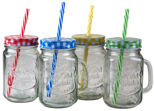 BWG Drinking Mason Jars with Handle Lid Reusable Straw - Summer Gingham - Set of 4
