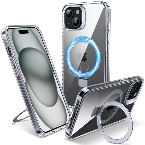 Flyzoo Magnetisch Ständer Hülle für iPhone 15 - [Unsichtbarer Ständer] [Kompatibel mit MagSafe] [Vergilbungsfrei & rutschfest] Stoßfest Durchsichtig Handyhülle, 6.1'', Clear
