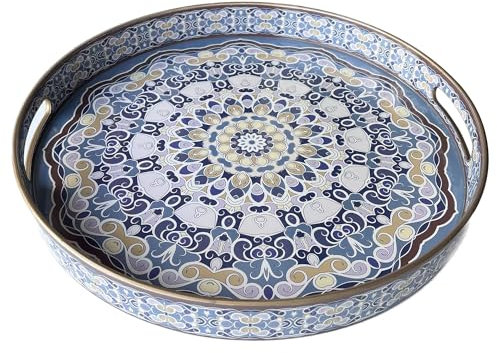 Simmer Stone Round Decorative Tray, Marbling Plastic with Handles, Modern Vanity and Serving for Ottoman, Coffee Table, Kitchen and Bathroom, Size 13 INCH (Blue purple pattern)