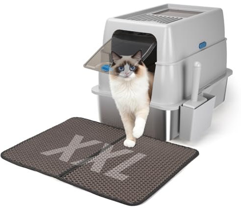 Nobleza Bac à Litière Fermée en Acier Inoxydable pour Chat, Litière avec Couvercle XXL, Résistant aux Odeurs, Nettoyage Rapide, Inclus Pelle + Tapis