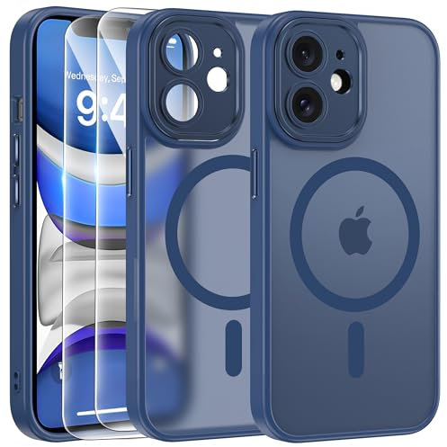 FLLAO Funda para iPhone 11, Compatible MagSafe, con 2 Piezas Protector de Pantalla Cristal Templado, [Protección de Cámara] Magnética Carcasa Translúcida Mate Trasera Fina Antigolpes, Azul Navy