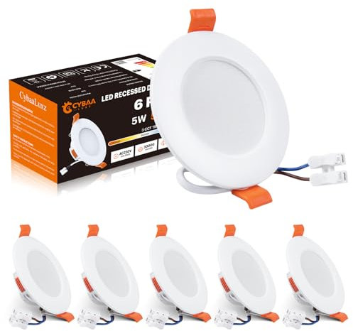 CybaaLuxz LED Einbaustrahler, 5W 550LM, Φ80-85mm, 3000K/4000K/6500K Dimmbar, 3 CCT in 1 Flach Spots Einbauleuchten, 6 Stück