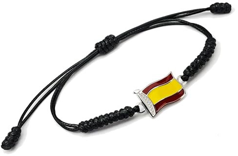 EKONAT JOYERIA PERSONALIZADA Pulsera España- Pulsera España hombre- Pulseras banderas de España- Pulseras Bandera de España - pulsera de acero y de hilo encerado rojo y negro ajustable (NEGRA)