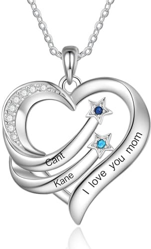 Damen Halskette mit Gravur Personalisierte Kette mit Name Geburtsstein Herz-Anhänger Geschenk für Damen Weihnachten Muttertag (2 name)