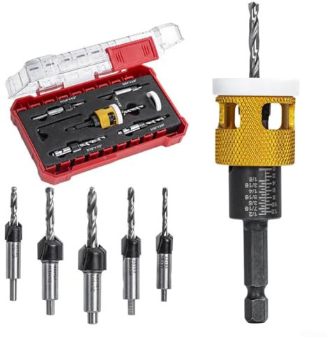 5 Pcs Countersink Drill Bit Set Replaceable with Adjustable Depth Stop Plastic, Adjustable Depth Countersink Drill Bits, For Various Woodworking Applications