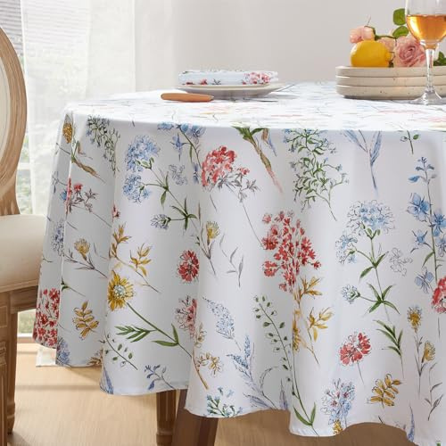 Softalker Tischdecke rund 140 cm abwaschbare Frühling Blumen Tischdecken Outdoor Wasserabweisend und abwischbare Gartentisch Weiß Tischtuch Sommer Deko Balkon Party Hochzeiten Geburtstag Festliche