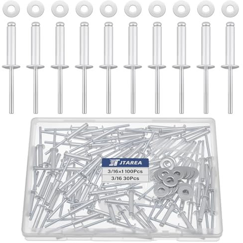JTAREA 130 Pièces 4,8 × 25 mm Rivets Aveugles en Aluminium avec Rondelles Rivet à Bout Ouvert Rivets Pop Tete Large (Argent)