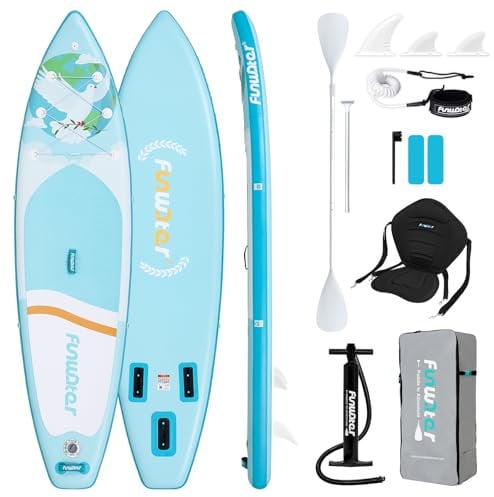 FunWater 11'&10'6 Stand Up Paddle Board Sup Board, Aufblasbares Stand Up Paddle Board für Erwachsene, Alle Fähigkeiten mit Aller Zubehör, Paddel, Pump, Sitz (10'6 Friedenstaube-HELLBLAU)
