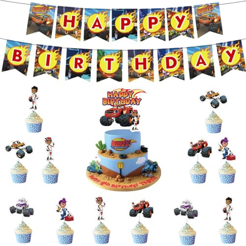 14 Stück Auto Kuchendekoration, Monster Truck Cupcake Topper, Hot Whels Tortendeko Jungen, Monster Truck Bannern, Cars Thema Kuchen Dekoration, Geburtstagdekoration für Kinder Geeignet