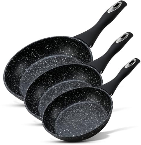 AKH HOUSEWARE Non Stick Frying Pan 20,24 & 28cm Heavy Forged Aluminum Cookware - Deep Frying Pan Non Stick Induction Hob Pan - Soft Touch - Saute Deep Stir Frying Pan (Set of 3 (20cm + 24cm + 28cm))