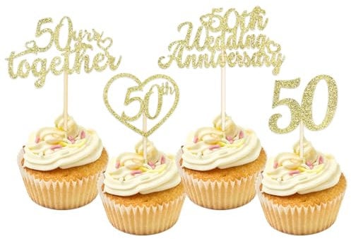 24PCS 50th Wedding Anniversary Cupcake Toppers, Glitter 50th Golden Wedding Anniversary Heart Cake Decoration Golden Wedding Party Supplies