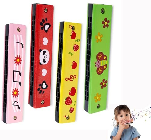 Mundharmonika Kinder,4 Stück Mundharmonikas aus Holz 16-Loch Harmonica Set für Kinder Erwachsene Musikinstrument für Anfänger,Studenten Lerninstrument