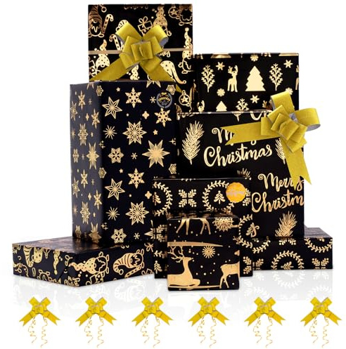 Larcenciel Papier Cadeau Noël – 6 Feuilles Emmballage Cadeau Noir et Or 70x50 cm, Idéal pour Papier de Soie et Décoration Festive avec Ruban Doré et Autocollants, pour anniversaires, fêtes