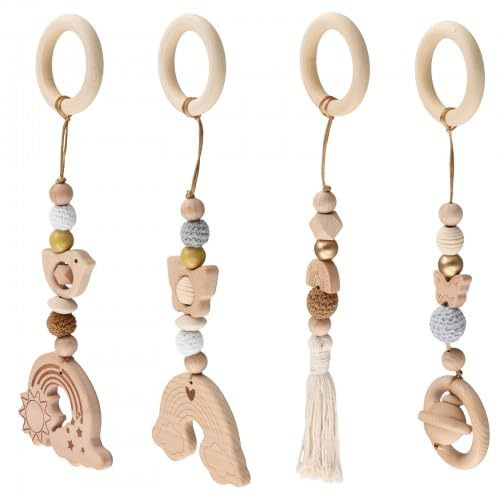 4 Stück Spielbogen Baby Holz, Spielebogen Babies Toys, Baby Spielzeug ab 0 Monate, Anhänger für Babyschale, Autositz, Kinderwagen, Babyspielzeug für Mädchen und Jungen