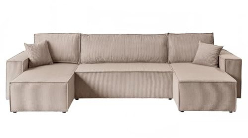 Lookway Ecksofa Carlos U-Form mit Schlaffunktion & Bettkasten – Großes Schlafsofa 130x269 cm, Modernes Sofa mit Stauraum, Bequeme Polsterecke für Wohnzimmer (Beige - Poso 02)