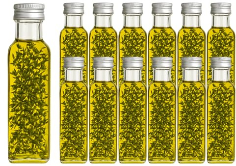 Vitrea 12 leere Glasflaschen 250ml Schraubverschluss Gold Eckig mit Etiketten - kleine Flaschen zum Befüllen mit Deckel - für Saft, Getränke, Likör, Öl, Saucen - 12 Stück, Maraska