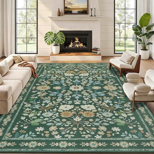 Homcomodar Vintage Teppich Wohnzimmer 200x300cm Groß Waschbarer Teppiche Schlafzimmer Grün Kurzflor Vintage Teppich rutschfest Weich Boho Blumen Teppiche für Kinderzimmer Esszimmer Büro